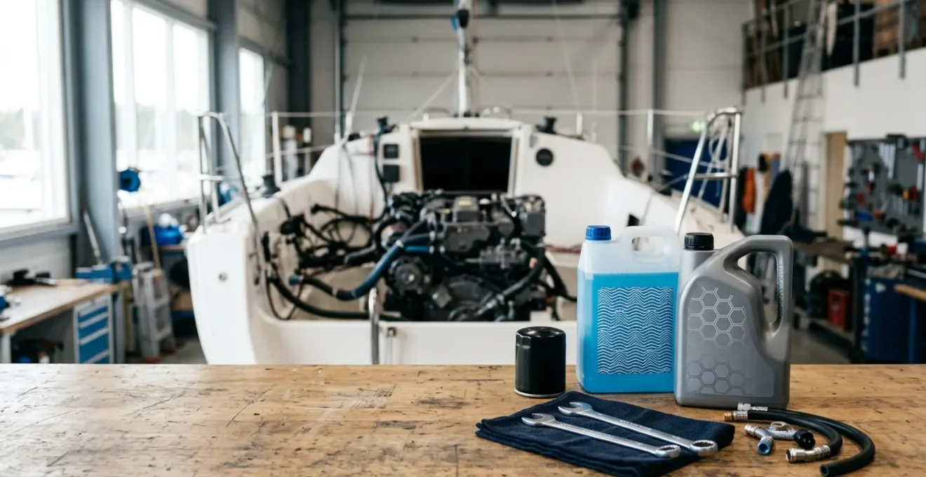 Préparation d'un moteur diesel in-bord de bateau pour l'hivernage avec outils et équipements de maintenance