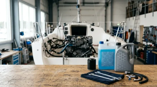 Préparation d'un moteur diesel in-bord de bateau pour l'hivernage avec outils et équipements de maintenance