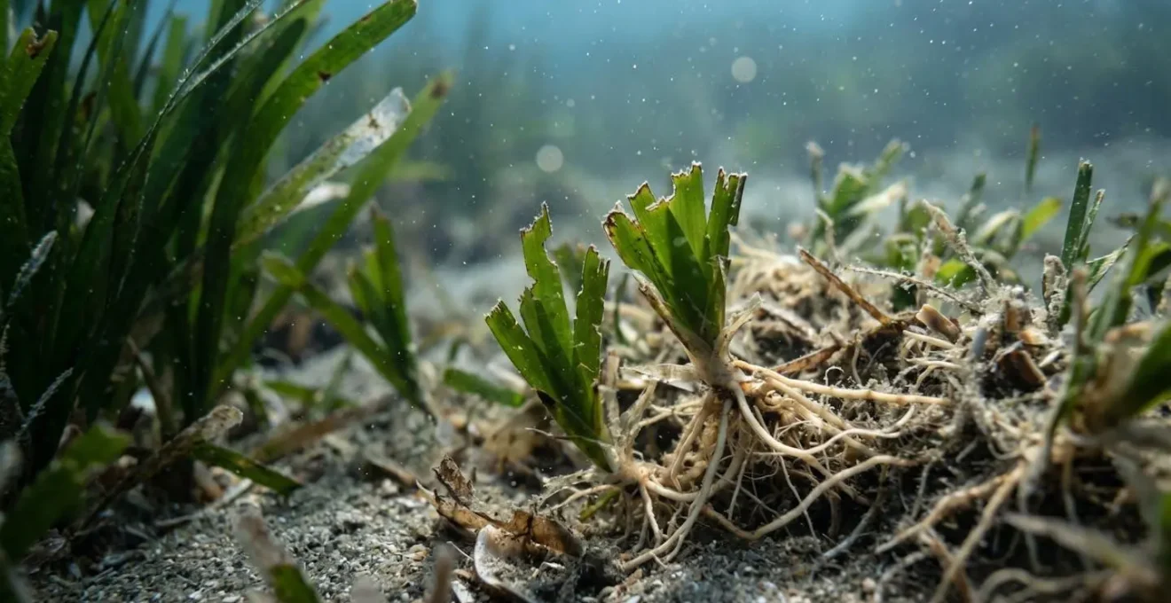 Cicatrice circulaire dans un herbier de posidonie causée par une ancre de bateau, montrant le contraste entre la zone détruite et l'herbier intact