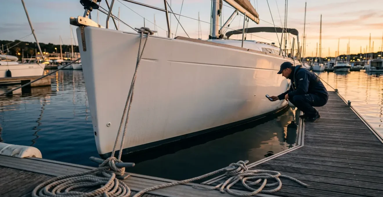 Inspection détaillée de la coque d'un voilier lors de l'état des lieux de restitution dans un port méditerranéen