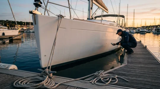 Inspection détaillée de la coque d'un voilier lors de l'état des lieux de restitution dans un port méditerranéen
