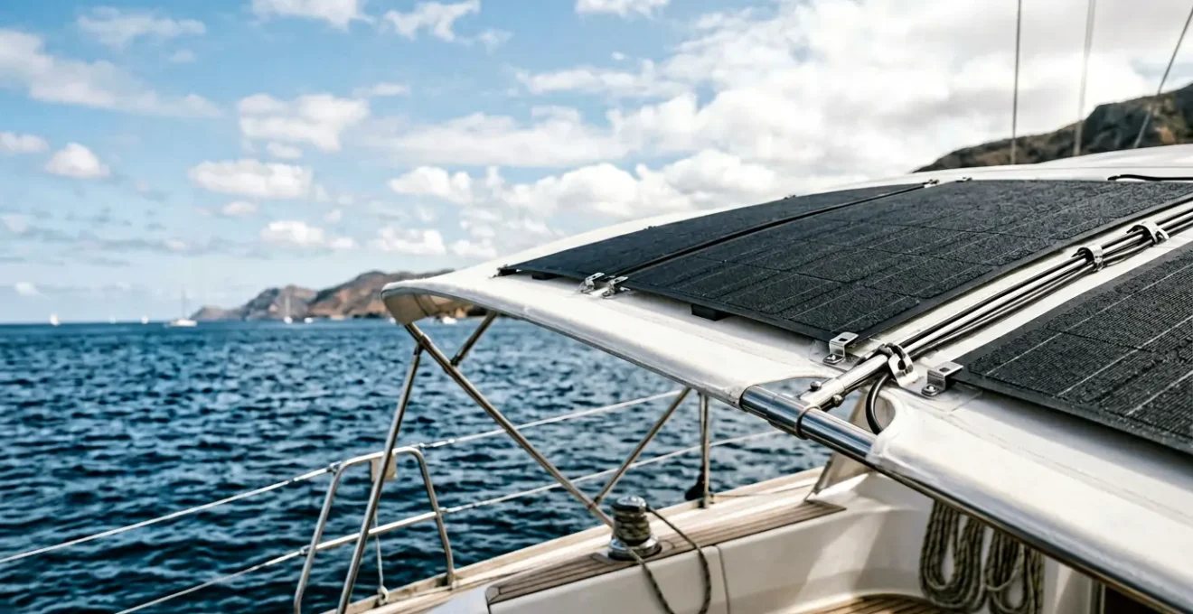 Panneau solaire flexible noir installé sur le bimini d'un voilier avec lame d'air de ventilation visible
