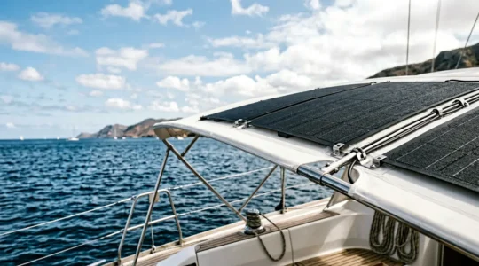Panneau solaire flexible noir installé sur le bimini d'un voilier avec lame d'air de ventilation visible