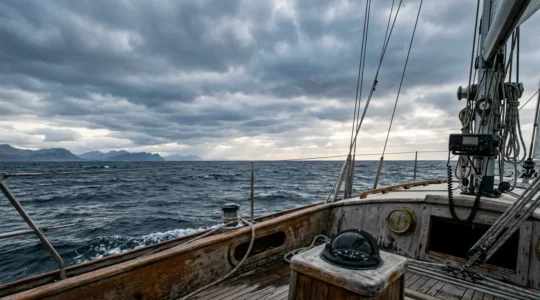 Navigateur analysant les conditions météorologiques maritimes depuis le cockpit d'un voilier