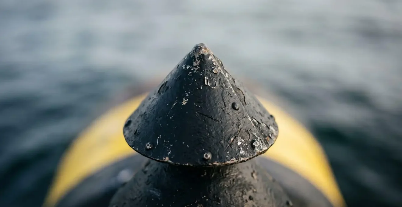 Gros plan macro sur les cônes noirs superposés d'une bouée cardinale avec détails de texture