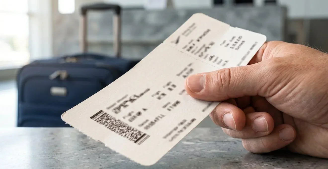 Gros plan sur une main tenant des billets d'avion et une carte d'embarquement, avec une valise en arrière-plan flou dans un environnement moderne et lumineux