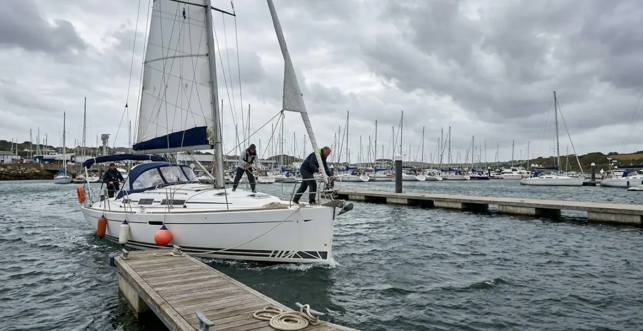 Voilier naviguant dans un port par vent fort avec équipage gérant les manœuvres