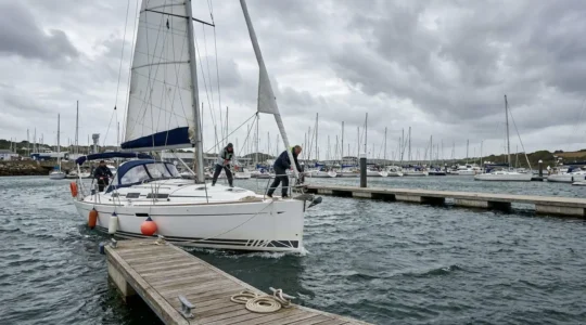 Voilier naviguant dans un port par vent fort avec équipage gérant les manœuvres