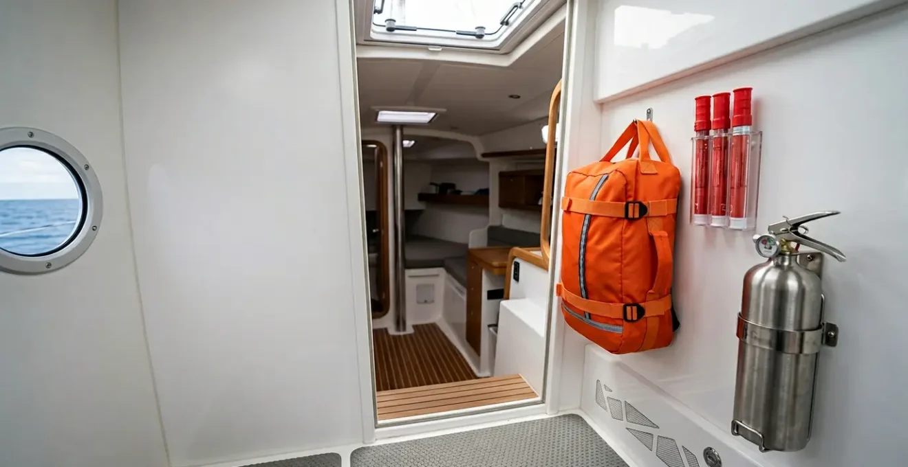 Équipement de sécurité nautique rangé de manière accessible à bord d'un bateau