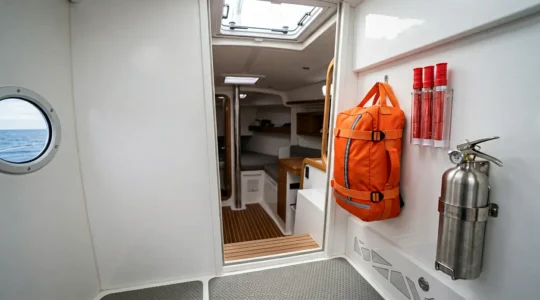 Équipement de sécurité nautique rangé de manière accessible à bord d'un bateau