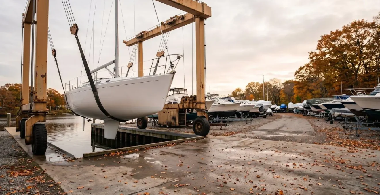 Bateau soulevé par grue dans un chantier naval lors d'une mise à terre