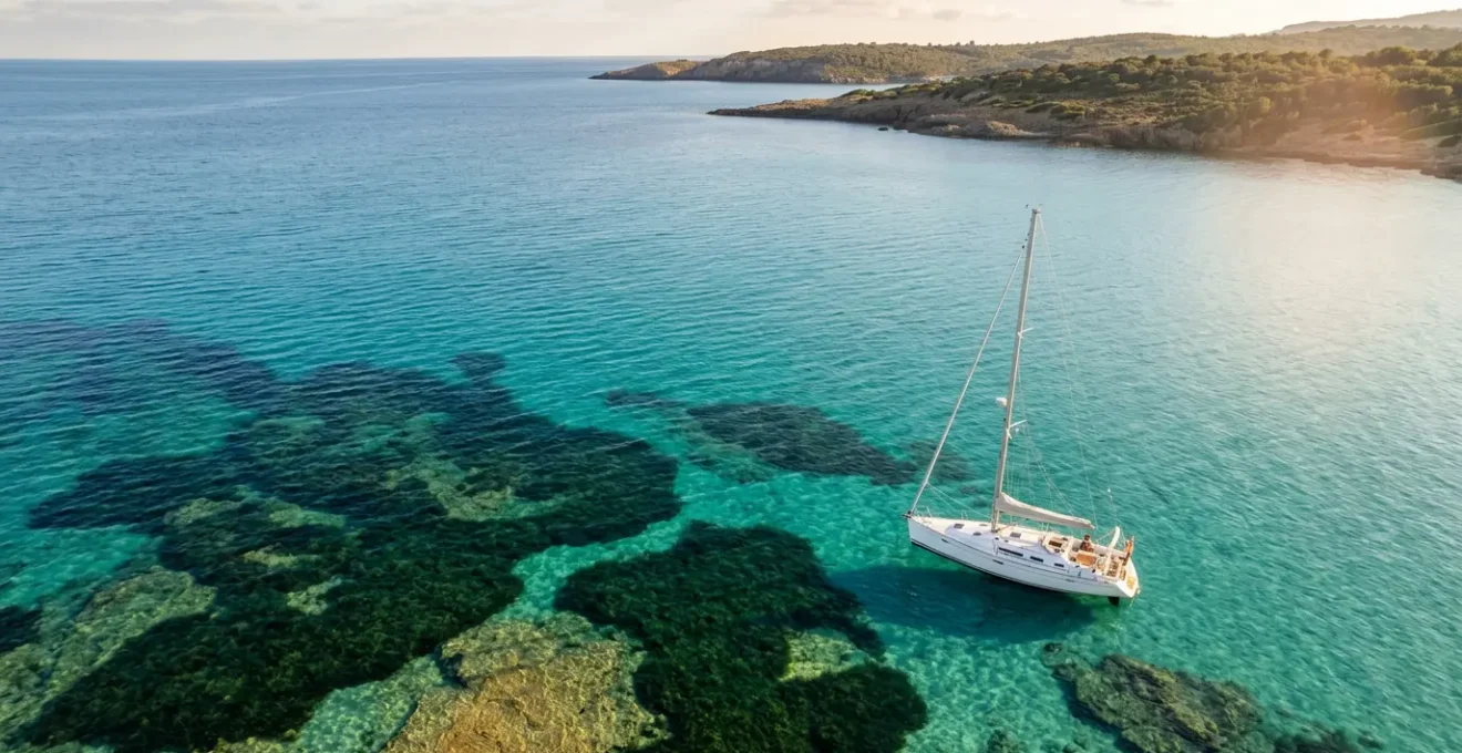 Bateau naviguant dans les eaux turquoise de la Méditerranée française au-dessus d'un herbier de posidonie visible sous l'eau