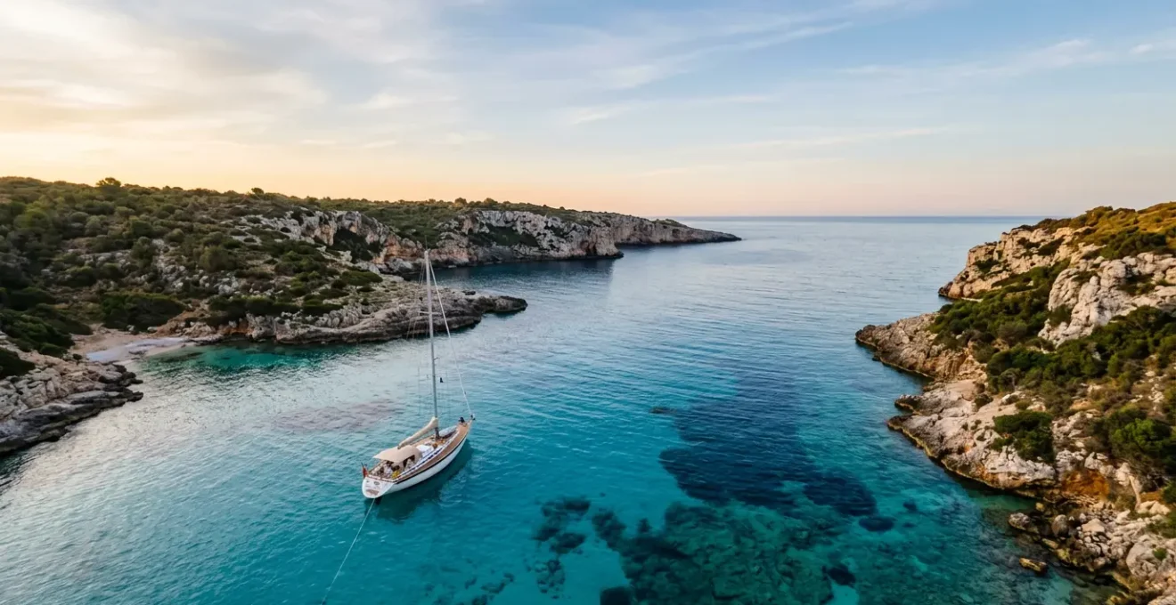 Bateau au mouillage forain dans une crique protégée au lever du soleil avec ancre bien fixée dans le fond sableux