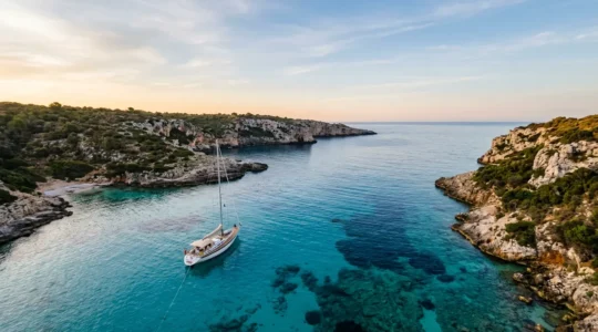 Bateau au mouillage forain dans une crique protégée au lever du soleil avec ancre bien fixée dans le fond sableux