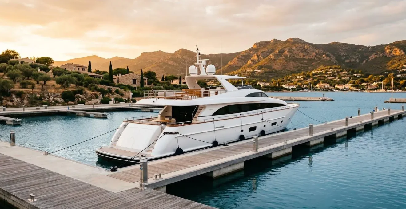 Vue panoramique d'un yacht de luxe amarré dans une marina méditerranéenne au coucher du soleil