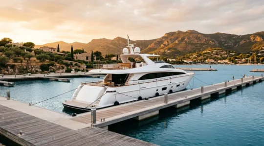 Vue panoramique d'un yacht de luxe amarré dans une marina méditerranéenne au coucher du soleil