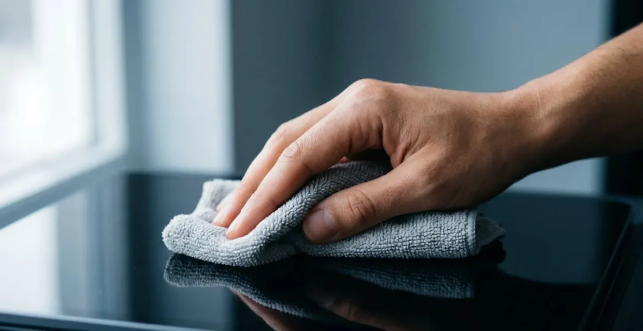 Gros plan sur une main tenant délicatement un chiffon microfibre près d'une surface réfléchissante