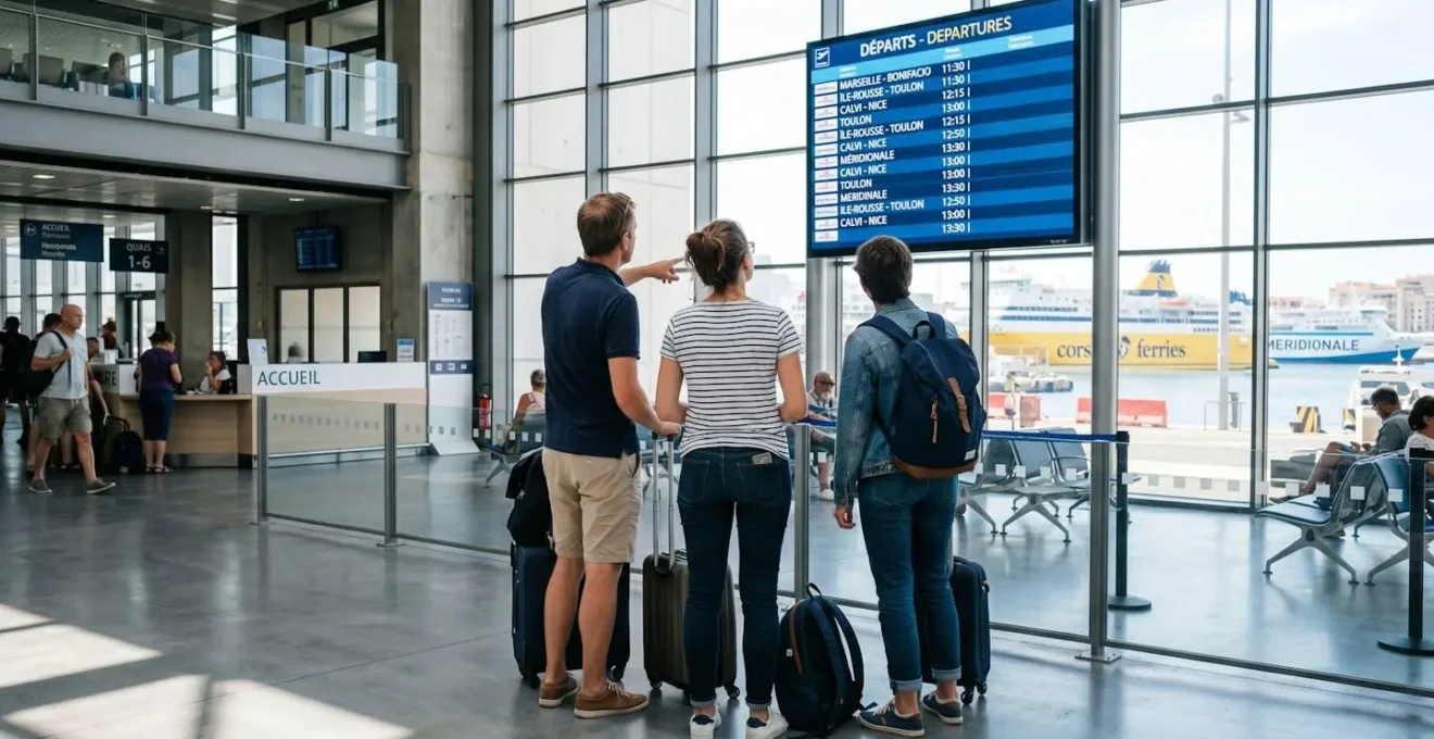 Passagers vus de dos consultant un panneau d'affichage numérique des horaires de ferry dans un terminal maritime moderne et lumineux