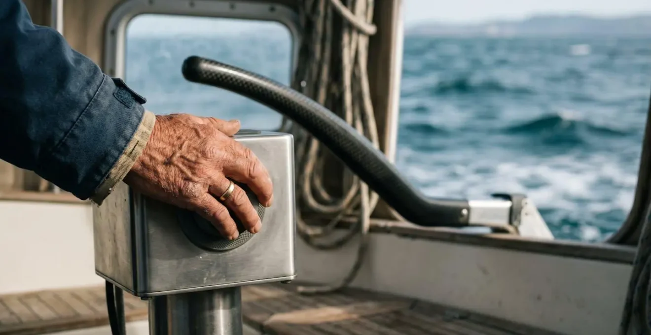 Pilote automatique de voilier en action avec affichage de consommation électrique et mer en arrière-plan