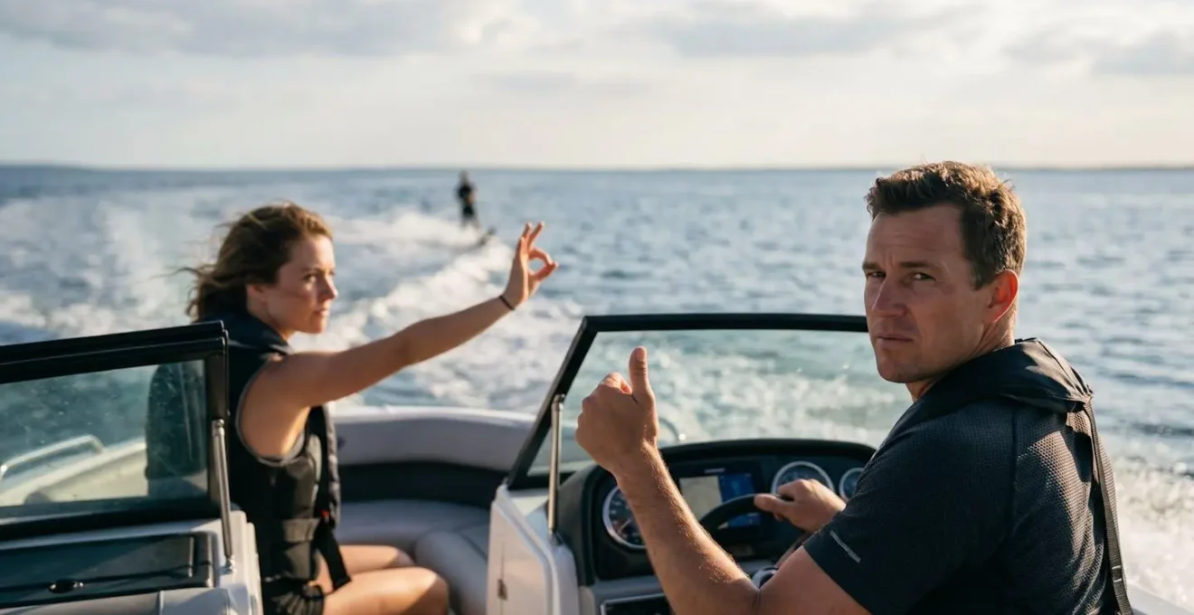 Pilote de bateau et observateur utilisant des signaux manuels pour communiquer avec un pratiquant de sports tractés