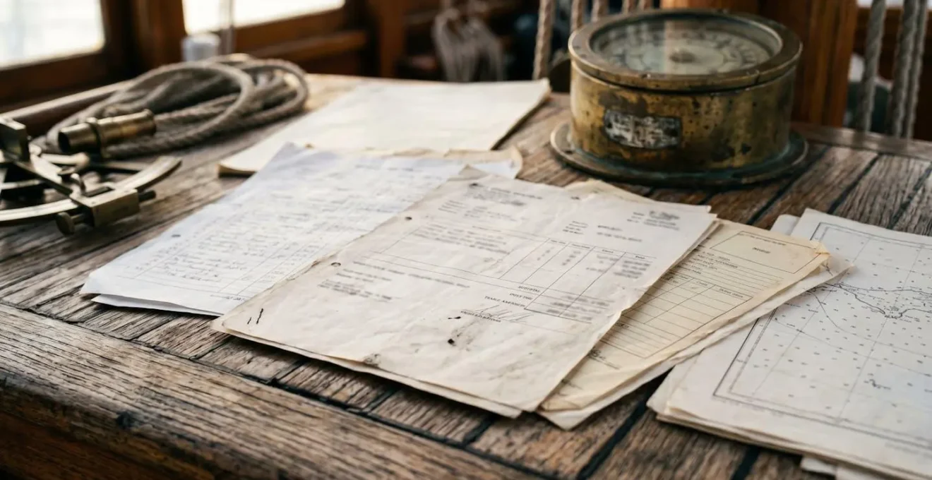 Dossier technique de bateau avec documents d'entretien et factures organisés pour expertise maritime