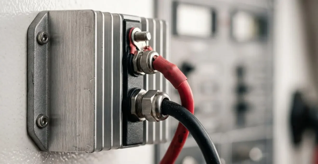 Régulateur de tension électronique marine monté sur panneau avec connexions de câbles sécurisées et fusibles