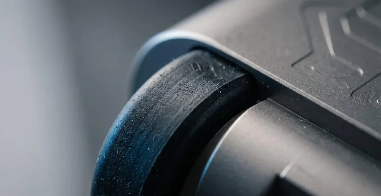 Détail macro d'un joint d'étanchéité sur connecteur électronique marine révélant les micro-textures