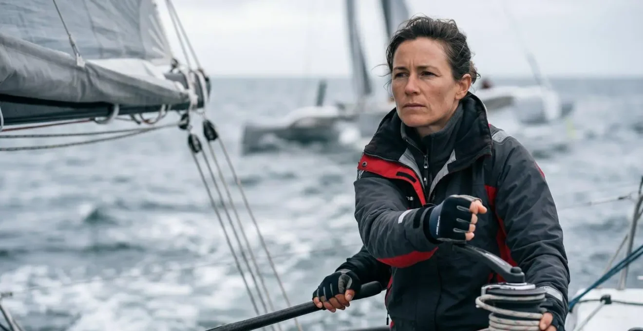 Skipper concentré à la barre d'un trimaran dans des conditions de mer formée, main sur l'écoute
