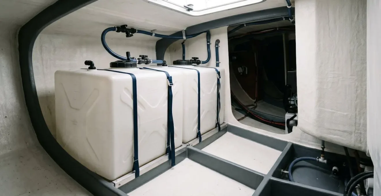 Réservoirs d'eau douce en polyéthylène installés dans la coque d'un voilier de croisière