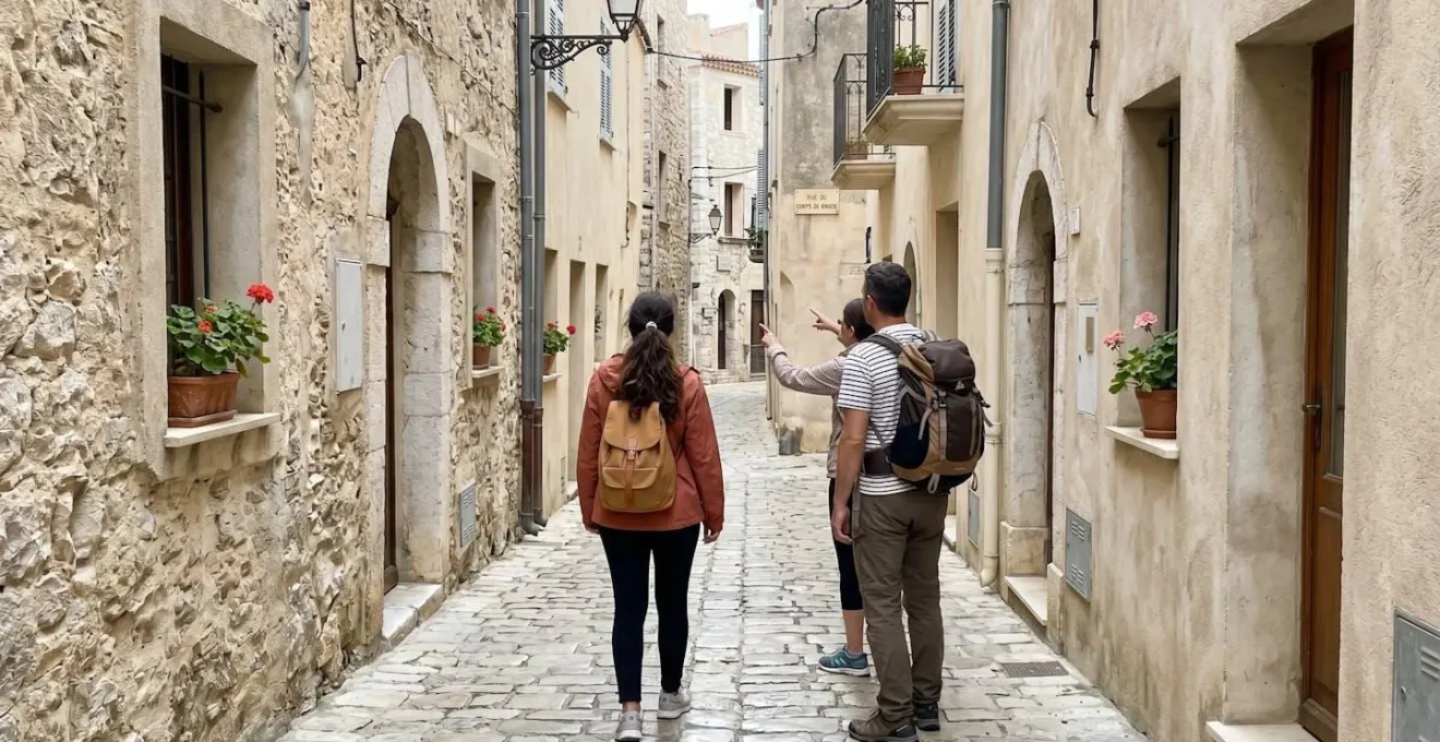 Touristes de dos explorant des ruelles pavées étroites de la citadelle de Bonifacio, architecture en pierre blonde génoise, lumière naturelle douce