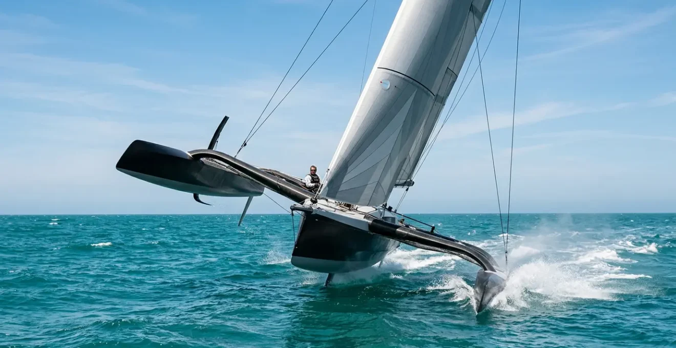 Trimaran de sport naviguant à grande vitesse avec un flotteur soulevé sur une mer agitée