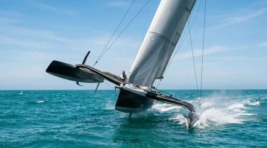 Trimaran de sport naviguant à grande vitesse avec un flotteur soulevé sur une mer agitée