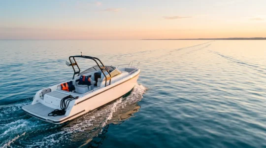 Vedette de plaisance moderne équipée pour les sports nautiques en navigation sécurisée