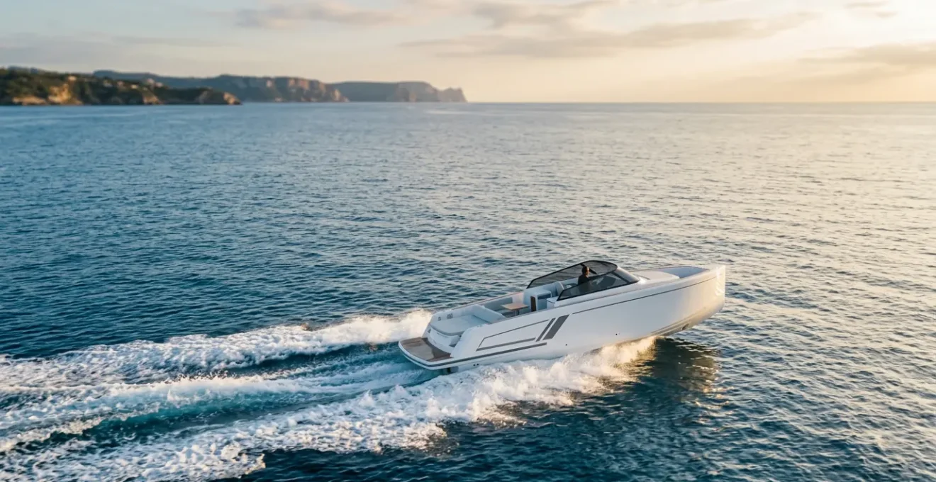Vedette rapide planant sur l'eau avec assiette optimisée pour économie de carburant