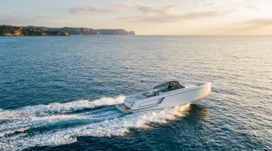 Vedette rapide planant sur l'eau avec assiette optimisée pour économie de carburant