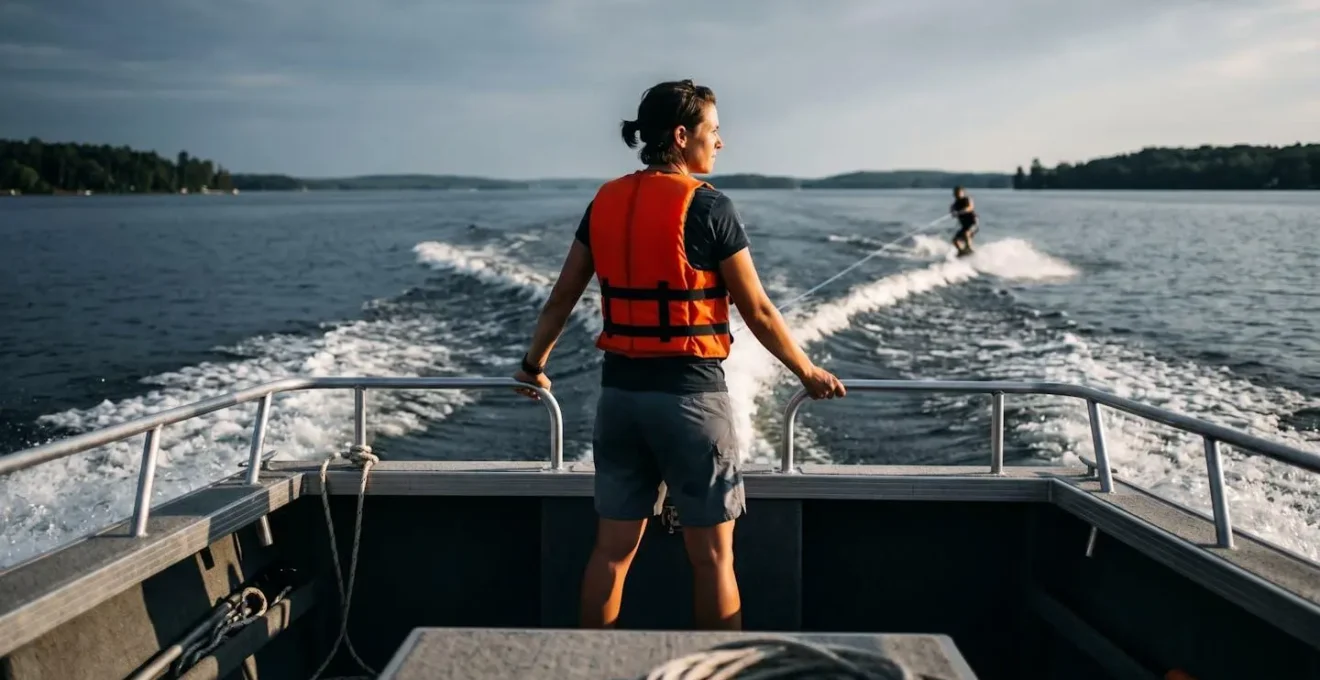 Observateur vigilant sur bateau surveillant un wakeboarder en action dans le sillage
