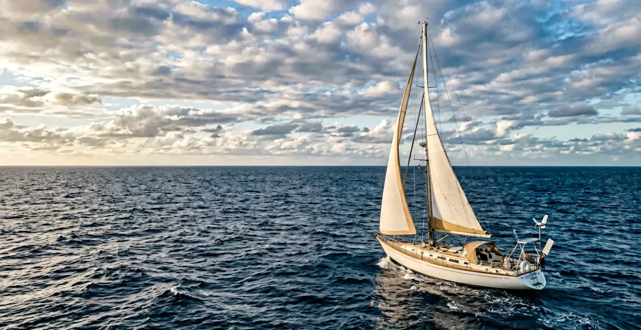 Voilier hauturier naviguant en plein océan Atlantique en autonomie totale sous un ciel parsemé de nuages