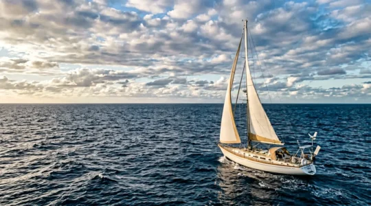 Voilier hauturier naviguant en plein océan Atlantique en autonomie totale sous un ciel parsemé de nuages