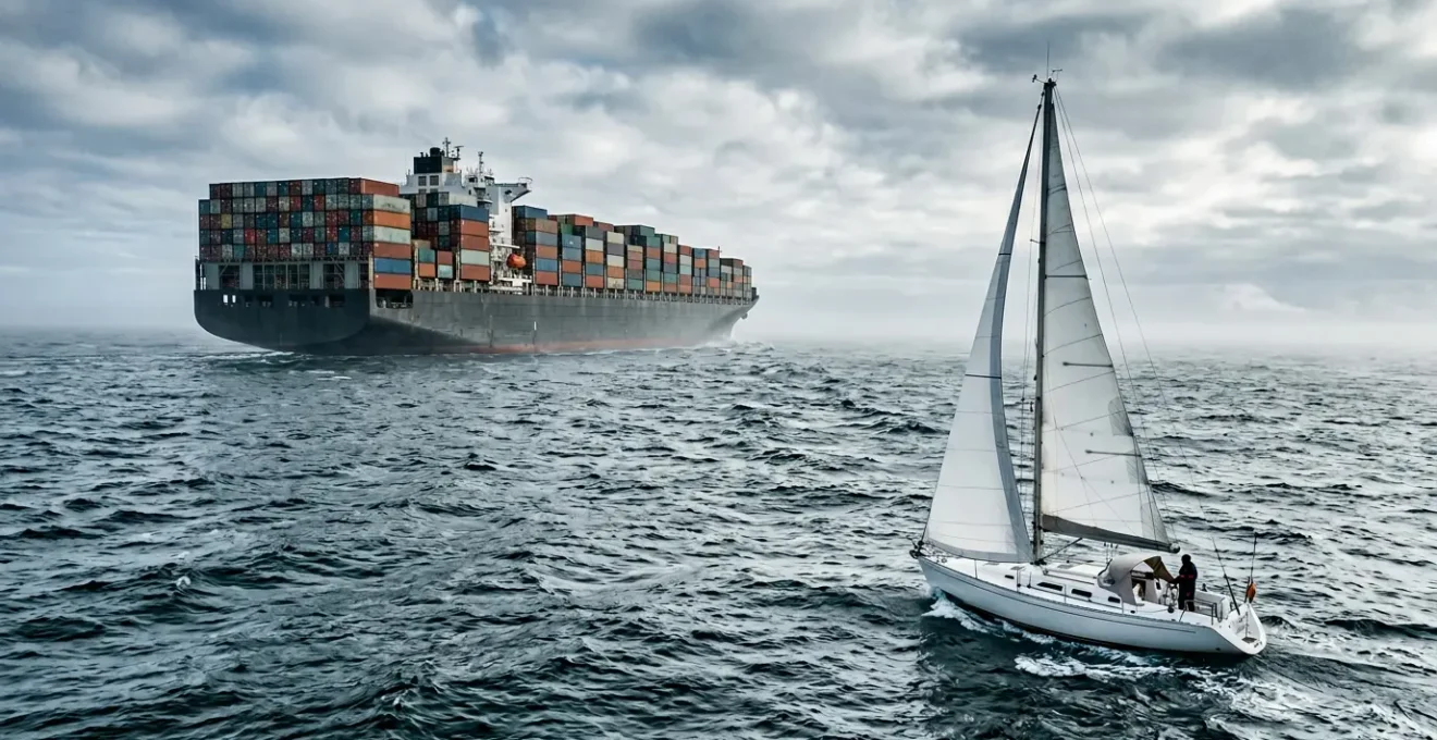 Voilier de plaisance naviguant face à un imposant cargo porte-conteneurs en haute mer