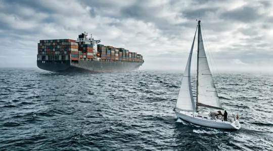 Voilier de plaisance naviguant face à un imposant cargo porte-conteneurs en haute mer
