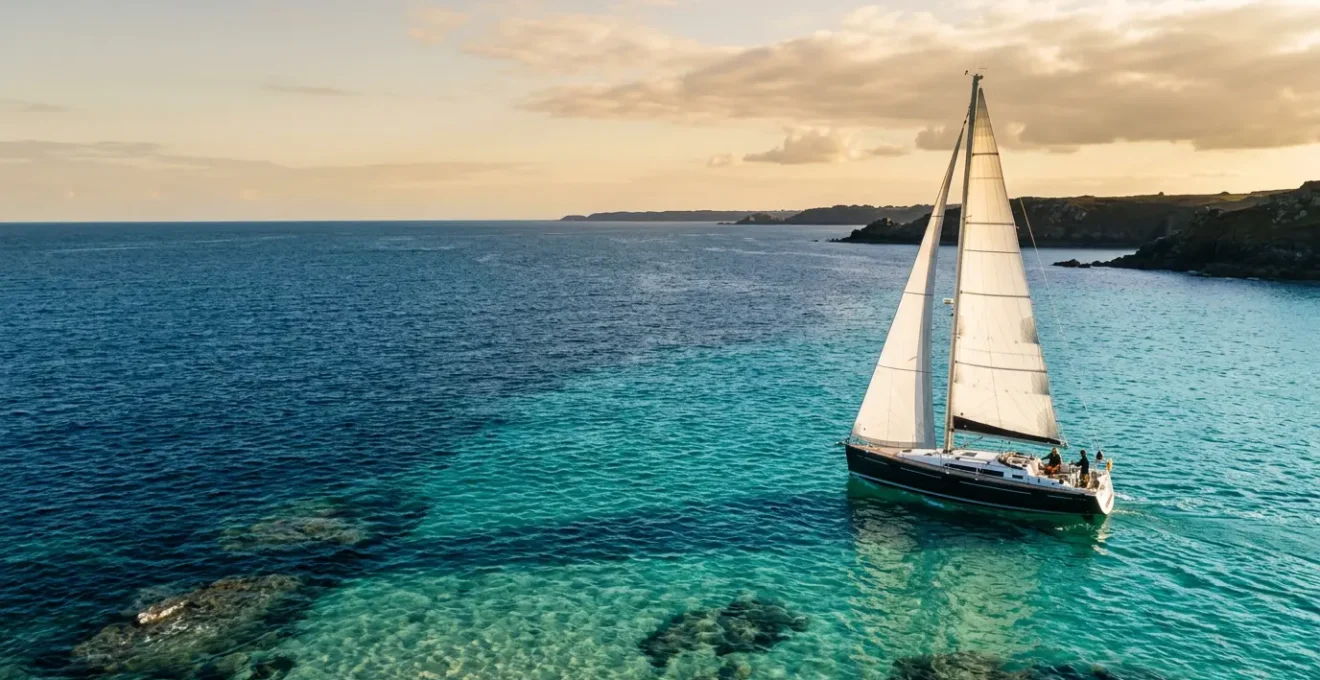 Voilier à quille profonde naviguant près de la côte bretonne avec zone de faible profondeur visible