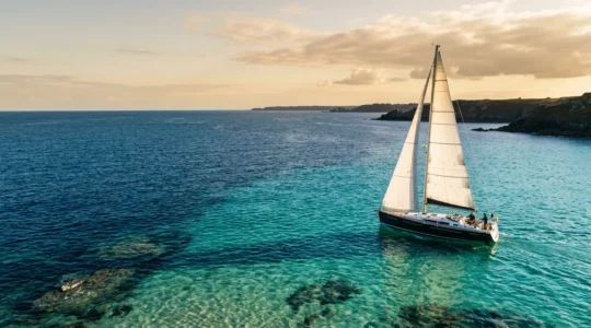 Voilier à quille profonde naviguant près de la côte bretonne avec zone de faible profondeur visible