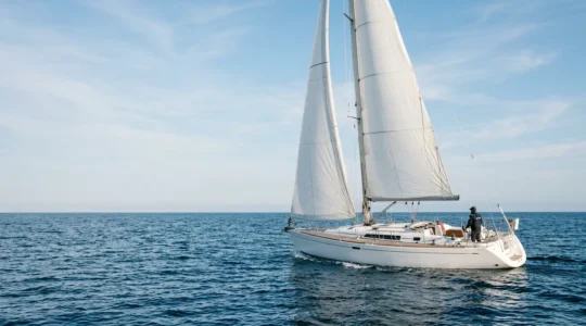Voilier naviguant en mer avec le cockpit et les instruments de navigation visibles