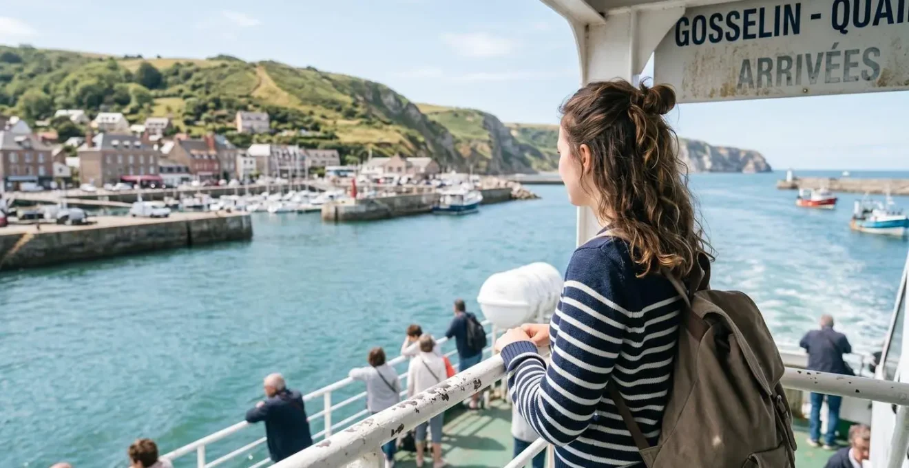 Un voyageur vu de dos observe le littoral corse depuis le pont d'un ferry lors de l'approche du port