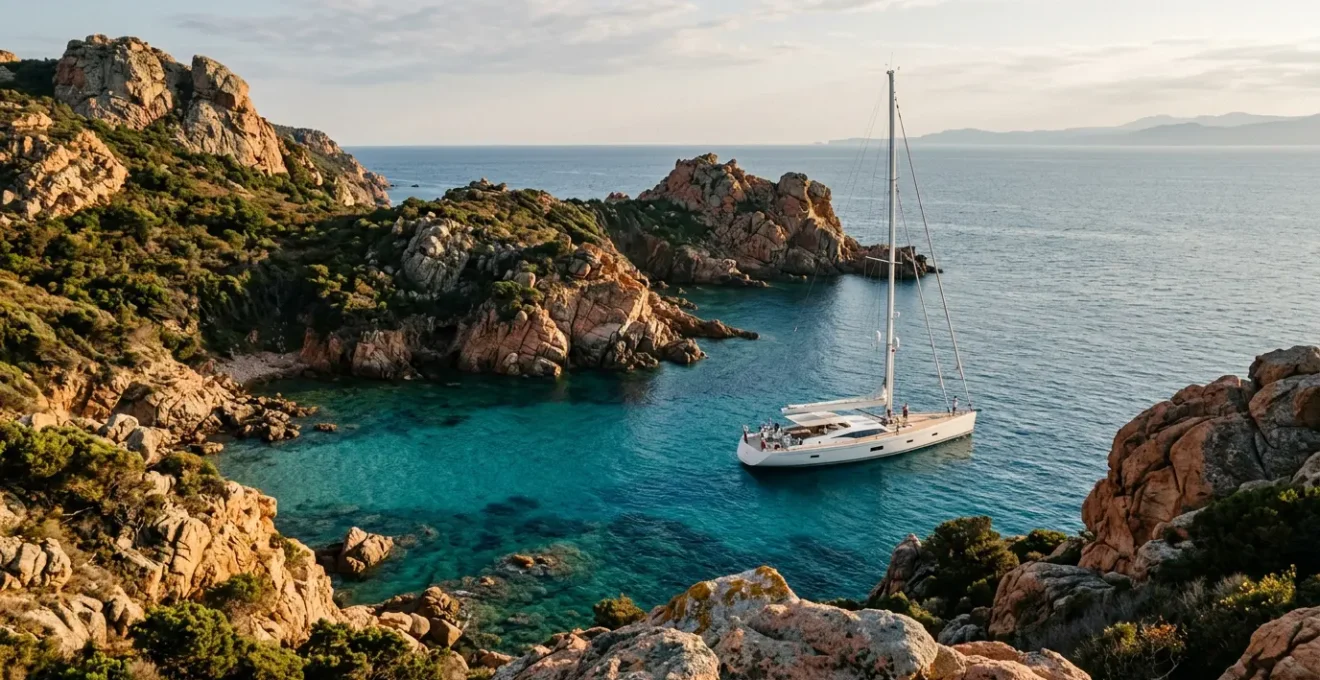 Yacht de luxe ancré dans une crique isolée aux eaux turquoise en Corse