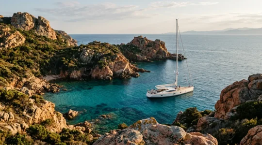Yacht de luxe ancré dans une crique isolée aux eaux turquoise en Corse