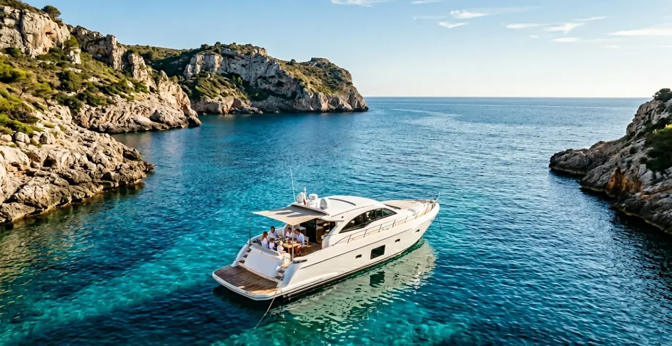 Yacht de luxe naviguant dans une crique isolée en Méditerranée avec famille à bord