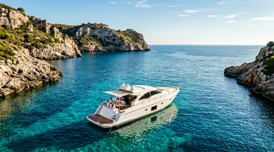 Yacht de luxe naviguant dans une crique isolée en Méditerranée avec famille à bord