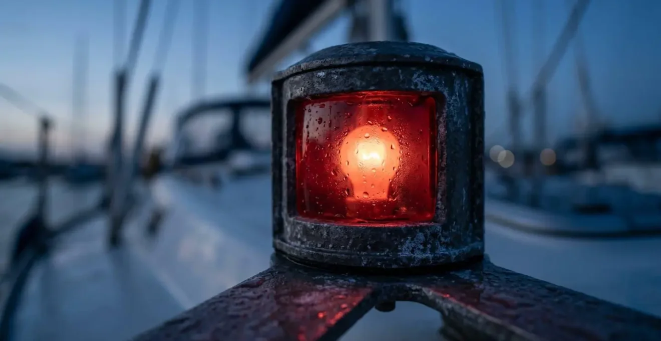 Détail macro de feux de navigation maritime sur un voilier dans l'obscurité