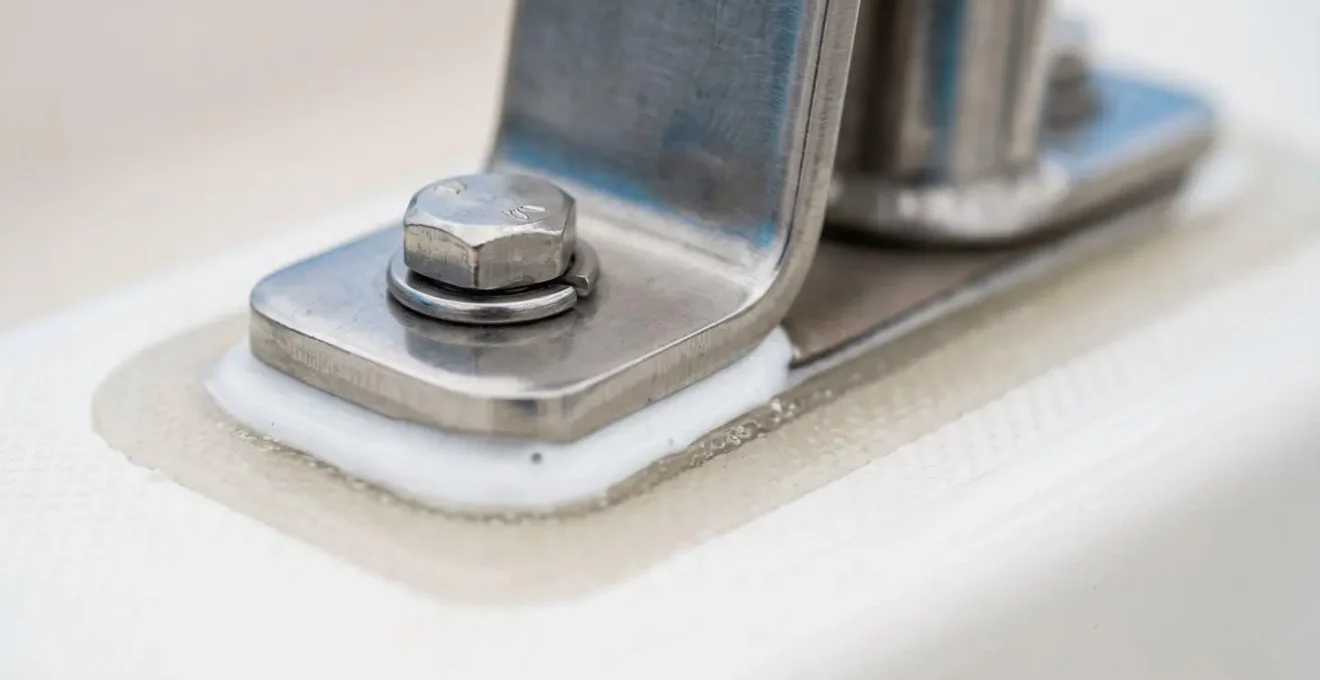 Gros plan sur un système de fixation inox d'un râtelier à bouteilles de plongée sur pont de semi-rigide